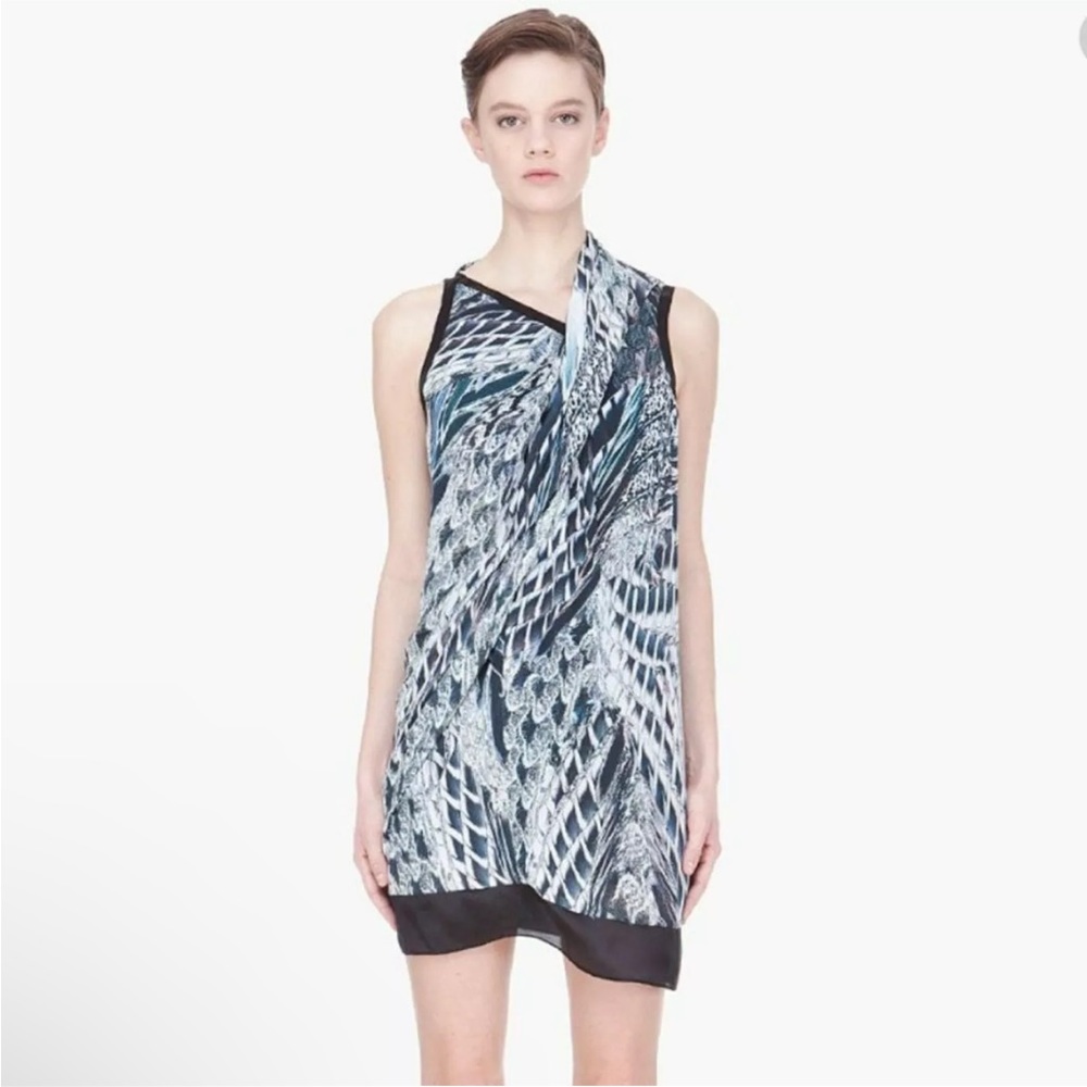 Helmet Lang Voile Asymmetric Neckline Graphic Pheasant Motif Cocktail Dress SZ 2